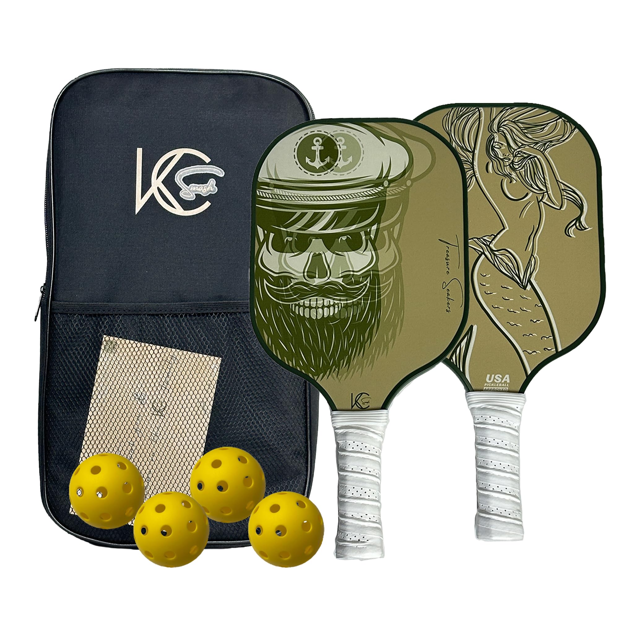 KC SMASH Treasure Seakers Pickleball Paddle Set of 2 – Loved by Couples – USAPA Approved, Beginner & Intermediate Friendly, Ultra-Comfort Grip, Includes Balls & Carry Bag